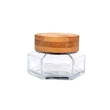 Custom logo Luxury 100ml hexagon glass cosmetic cream jar with bamboo lid